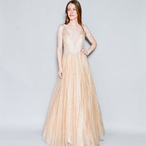 MAC DUGGAL Gold Sequin & Crystal Embellished Tulle Gown NWT